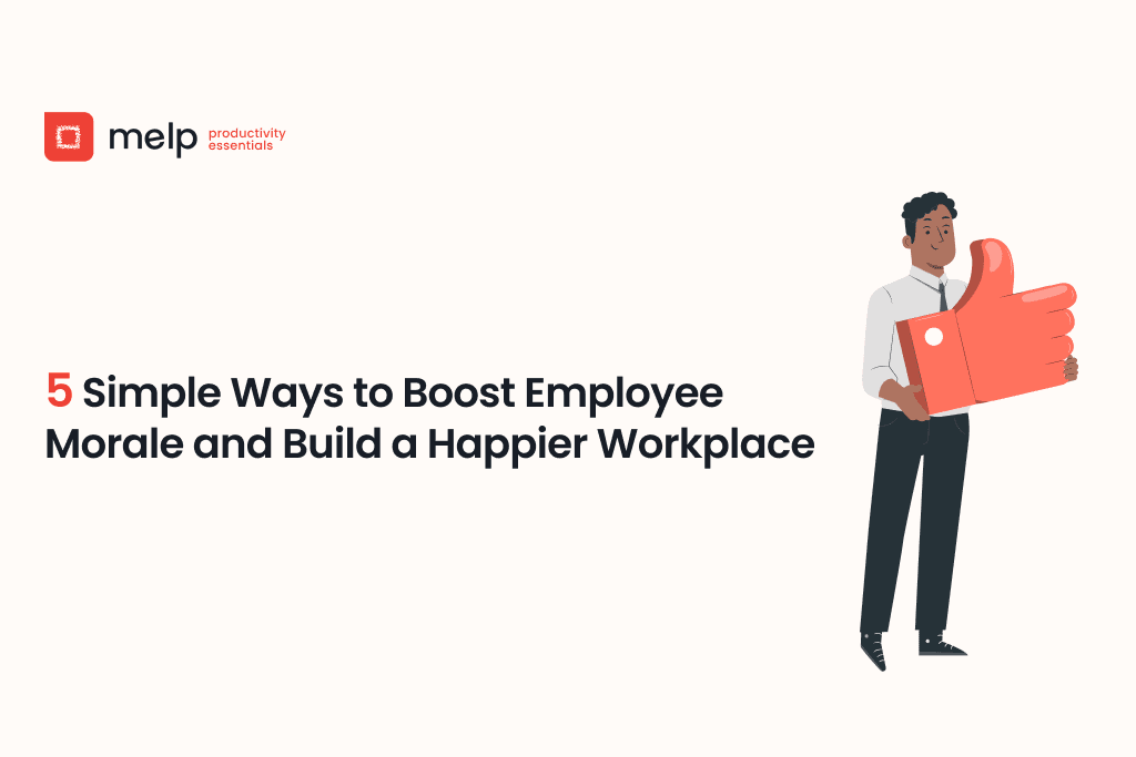 Simple ways to boost employee morale banner with professional holding a giant thumbs-up icon